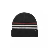 Gorro de lana negro con rayas horizontales en color ladrillo, beige y blanco.