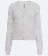Cardigan blanco de punto con hilo mezclado, escote en V, abotonado frontal con botones forrados y mangas largas.