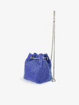 Cartera tipo bombonera azul con apliques brillantes y cadena plateada.