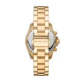 Reloj Michael Kors Bradshaw con caja y pulsera de acero dorado, esfera negra con números romanos y tres subesferas.