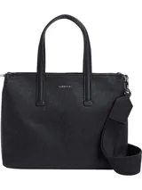 Cartera tipo tote de Calvin Klein, color negro, con doble asa de mano y correa ajustable y extraíble. El cuerpo del bolso presenta un monograma texturizado en relieve.