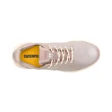 Zapatillas Caterpillar modelo Hex Lite Leather, color gris topo con detalles en rosa pálido. Capellada de cuero, forro interno de material reciclado, plantilla de espuma PU, suela de EVA liviana y ajuste con cordones.