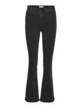 Pantalón de jean de cintura alta, color gris oscuro, con corte ajustado hasta la rodilla y acampanado en la parte inferior.