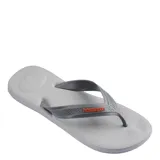 Ojotas Havaianas Top Max Comfort, de goma color gris claro, con tira de dedo gris oscuro con el logo de la marca en naranja.