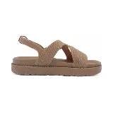 Sandalias bajas color beige con tiras anchas cruzadas en el empeine y pulsera al tobillo con hebilla.