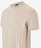 Remera de manga corta color marrón, con cuello redondo y textura acanalada vertical. Confeccionada en viscosa y poliamida.