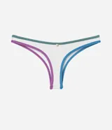 Bombacha de bikini blanca de microfibra, con corte de pernera alta y viés de colores contrastantes en verde, azul y violeta.
