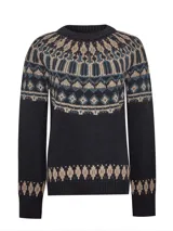 Sweater de lana de alpaca y oveja color crudo con diseño geométrico en tonos marrones.