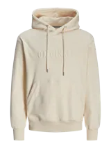 Canguro color crema con capucha y cordones ajustables. Tiene un bolsillo tipo canguro en la parte delantera y el logo "Originals Jack & Jones" en relieve en el pecho.