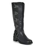 Bota de caña alta color negro con hebillas decorativas y taco bajo.