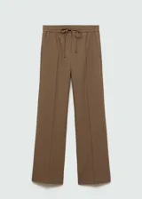 Pantalón de vestir marrón con diseño de cuadros, cintura elástica con cordón de ajuste, corte recto y bolsillos laterales.