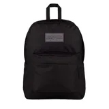 Mochila Jansport Superbreak Plus color negro, con un compartimento principal, un bolsillo frontal con organizador y un bolsillo lateral para botella de agua.