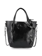 Cartera tipo tote bag de cuero negro con doble asa corta y correa de cadena plateada.