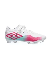 Championes de fútbol Umbro VIBE HG, color blanco con detalles en fucsia y celeste.