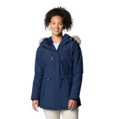 Campera azul con capucha con borde de piel sintética, cierre frontal con cremallera y broches, bolsillos con cremallera en el pecho y laterales, puños acanalados y forro térmico reflectante dorado.