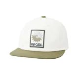 Gorra de béisbol Rip Curl con visera curva, color blanco con visera y botón superior en verde oliva. Presenta un parche bordado con el logo de la marca en el frente.