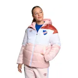 Campera puffer con capucha del Club Nacional de Football, con diseño color block en blanco, rosa y marrón. Incluye logo de Umbro y escudo del club.
