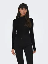 Top de manga larga negro con cuello alto y detalle de brillo, ajuste regular.