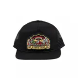 Gorro negro de Santa Cruz con parche frontal con diseño de calaveras cenando y logo de la marca.