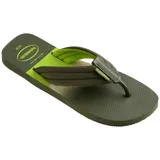 Ojotas Havaianas de goma color azul con plantilla verde y tiras con diseño degradado.