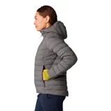 Campera con capucha de plumas, color negro, con cierre frontal completo y logo de la marca en el pecho.