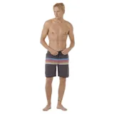 Short de baño Rip Curl Mirage Surf Revival, color gris oscuro con cintura ajustable con cordón negro y rayas horizontales en tonos celeste, amarillo, rosa y blanco.