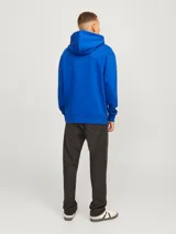 Canguro azul eléctrico con capucha y cordones ajustables, bolsillo tipo canguro y logo estampado en el pecho.