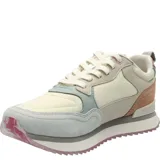 Sneaker con diseño colorido, combinando tonos beige, verde oscuro y burdeos, ideal para uso diario.