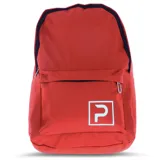 Mochila roja con cierre principal y bolsillo frontal con cierre. Presenta el logo de la marca 'Push' en blanco en la parte inferior derecha del bolsillo frontal.