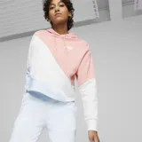 Hoodie rosa y blanco, con diseño de color bloque y logo de Puma en el pecho.