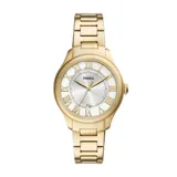 Reloj Fossil Gilmore para mujer, con caja dorada de acero inoxidable de 38mm de diámetro, esfera plateada con números romanos y correa dorada de acero inoxidable de 18mm de ancho.