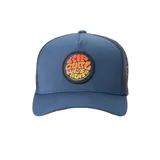 Gorra azul con paneles frontales rígidos y paneles traseros de malla. Presenta un parche circular con el logo de Rip Curl Wetsuits en tonos naranja y amarillo.