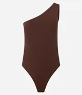 Body básico color durazno, con escote asimétrico y un solo hombro. Confeccionado en microfibra de poliamida y elastano.