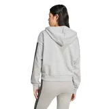 Campera gris de felpa francesa con capucha ajustable con cordón, cierre frontal, bolsillos laterales y las tres tiras características de Adidas en las mangas.
