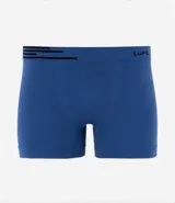 Calzoncillo bóxer azul de microfibra ligera, con cintura elástica negra con rayas y logo de Lupo.