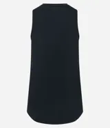 Musculosa deportiva negra de microfibra, con cuello redondo y breteles anchos. Presenta un ruedo redondeado y un pequeño logo en la parte inferior.