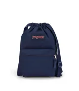 Mochila tipo draw sack en color azul marino, con un compartimento principal y un bolsillo frontal con cierre.