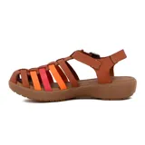 Sandalia casual de tira con diseño trenzado, en tonos miel y colores vibrantes.