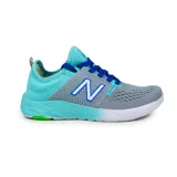 Championes New Balance de dama, color gris con detalles en celeste y azul.