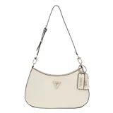 Cartera Guess modelo Noelle II, color hueso con detalles en negro y herrajes dorados. Tiene correa de hombro ajustable y removible, cierre superior con cremallera, bolsillo frontal con cierre, compartimentos interiores y llavero colgante con logo de la marca.