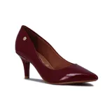 Zapato de tacón Vizzano, color borgoña charol, con punta fina y detalle de logo dorado en el lateral.