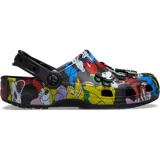 Zuecos Crocs Classic con estampado de Mickey y sus amigos, con correa trasera negra y dijes de Pluto, Daisy y Goofy.