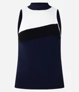 Blusa de punto sin mangas con cuello alto y bloques de color blanco, negro y azul marino.