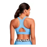 Top deportivo de compresión Under Armour HeatGear High, color celeste, con breteles regulables y espalda deportiva.