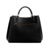 Cartera Guess modelo Gizele mediana, color negro con textura saffiano y detalles metálicos dorados. Tiene doble asa de mano, correa bandolera ajustable y desmontable, cierre superior con cremallera, bolsillo interno con cremallera y llavero con borla colgante.