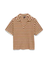 Blusa de manga corta con cuello camisero y escote en V, calce holgado. Tejido de punto con estructura acanalada, a rayas horizontales marrones y beige.