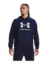 Buzo gris de Under Armour, línea Rival Fleece, con capucha y logo estampado en el frente.