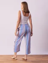 Pantalón capri de algodón a rayas verticales celestes, rosadas y beige. Tiene pretina elastizada, bolsillos delanteros y ruedo con botones.