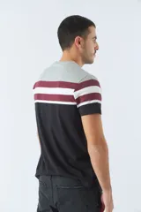 Remera de hombre a rayas horizontales en gris, borgoña, blanco y negro, con logo bordado en el pecho.