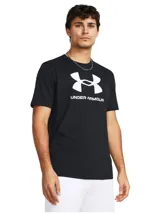 Remera Under Armour negra de corte clásico, con logo grande estampado en el pecho y confeccionada en tejido ligero de secado rápido.